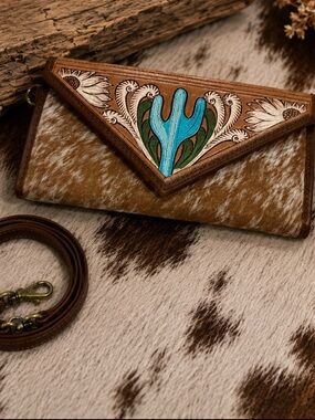 Hand painted, Brown Cowhide Wallet Clutch with Wrist and Crossbody Straps